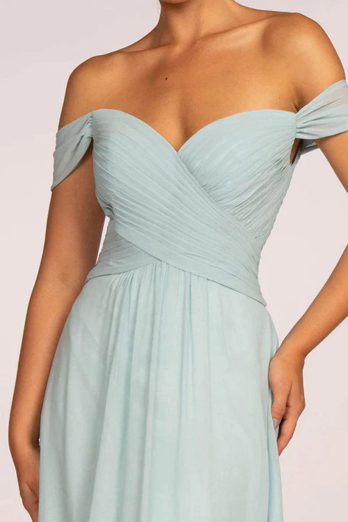 Pleated Long Off Shoulder Chiffon Dress by Elizabeth K GL2550 - Long Formal Dresses