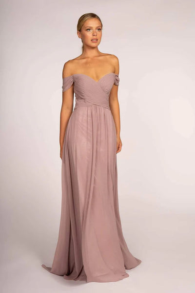 Pleated Long Off Shoulder Chiffon Dress by Elizabeth K GL2550 - XS / Mauve - Long Formal Dresses