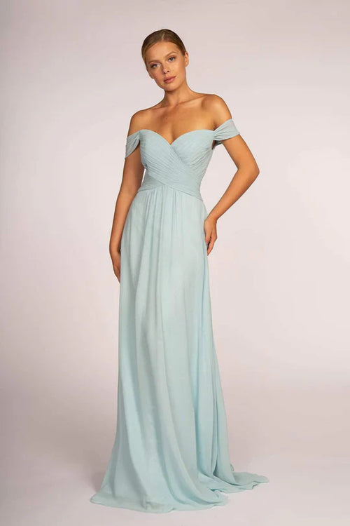 Pleated Long Off Shoulder Chiffon Dress by Elizabeth K GL2550 - XS / Silvery Blue - Long Formal Dresses