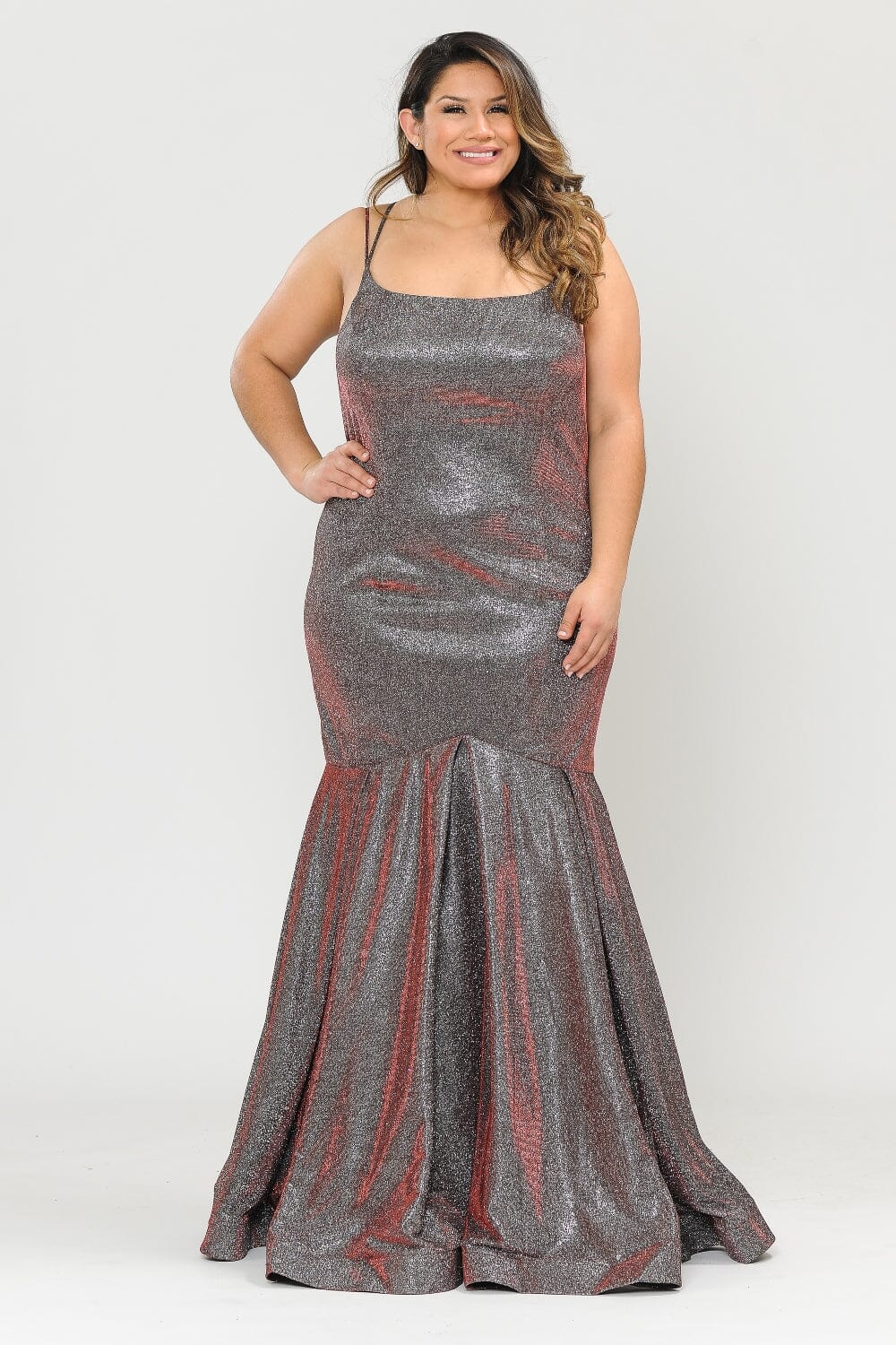 Poly USA W1102 Plus Size Long Metallic Glitter Fitted Dress