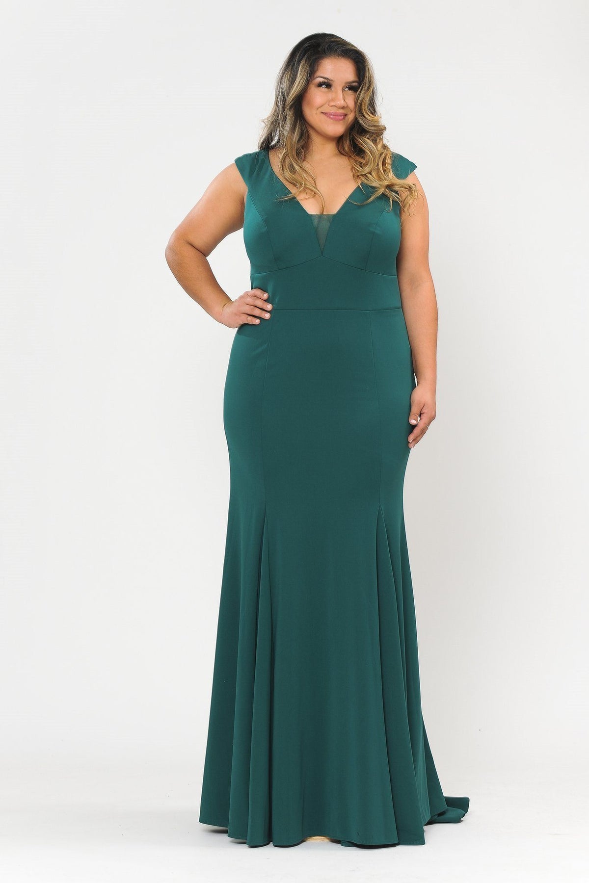 Plus Size Long V-Neck Jersey Fitted Dress by Poly USA W1022-Long Formal Dresses-ABC Fashion