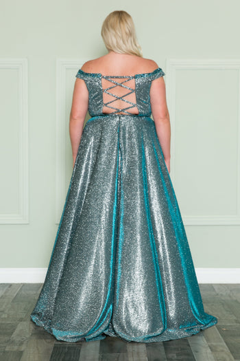 Vestido con hombros descubiertos y brillo metálico, talla grande, de Poly USA W1096