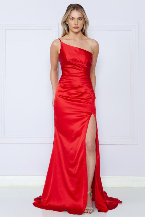 POLY 9030 One Shulder Charmeuse Dress - RED / XS