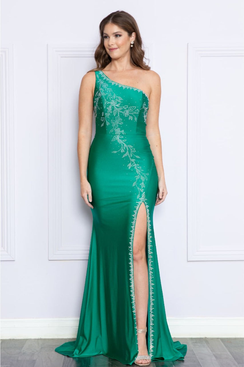Poly USA 9136 One Shoulder Rhinestone Beaded Ruched Fitted Long Gown - Dress