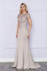 Poly USA 9320 Fitted Scoop Neck Sheer Short Sleeve Beaded Formal Gown - TAUPE / S Dress