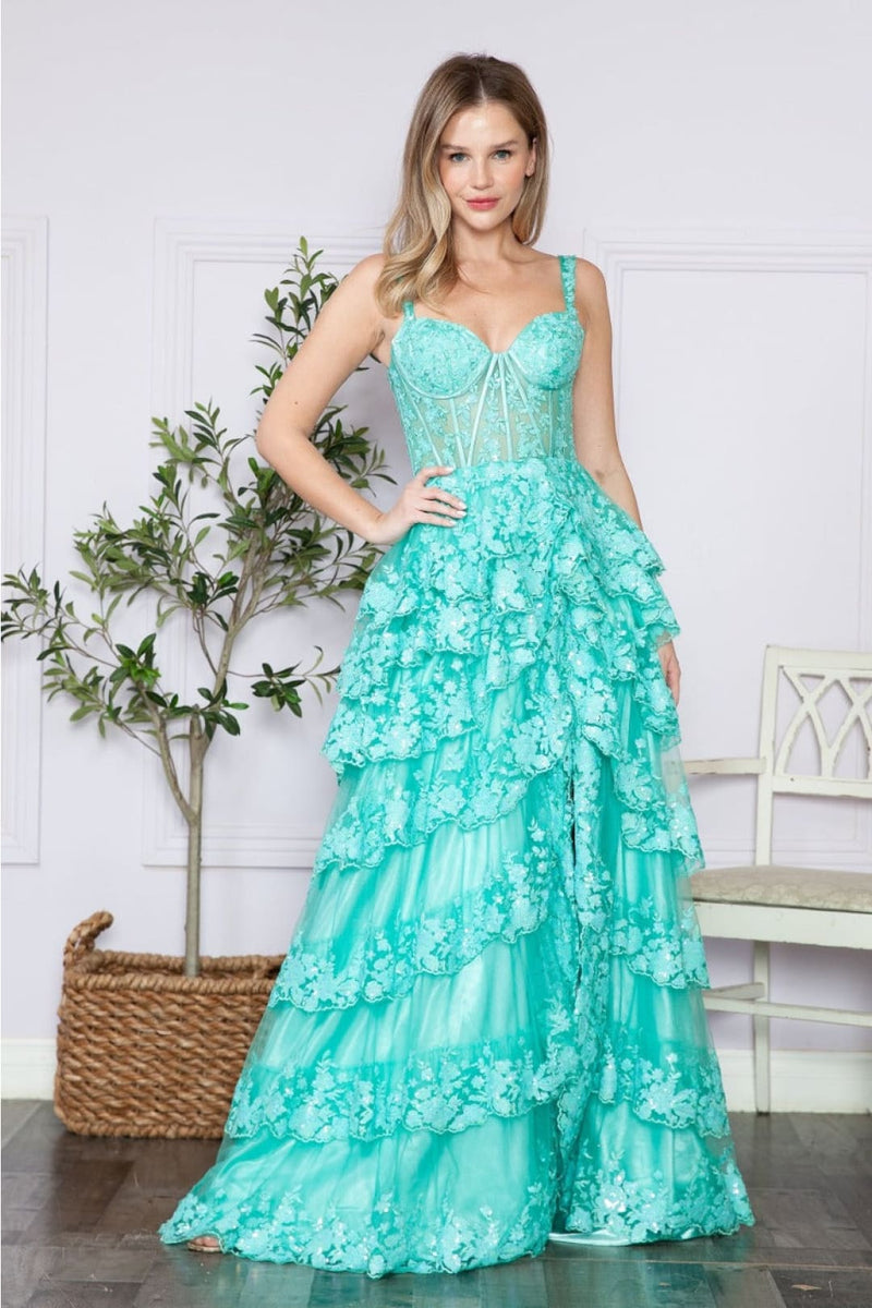Poly USA 9410 Corset Floral Lace Embroidered Ruffle Prom Gown Poly USA 9410 Corset Floral Lace Embroidered Ruffle Prom Gown
