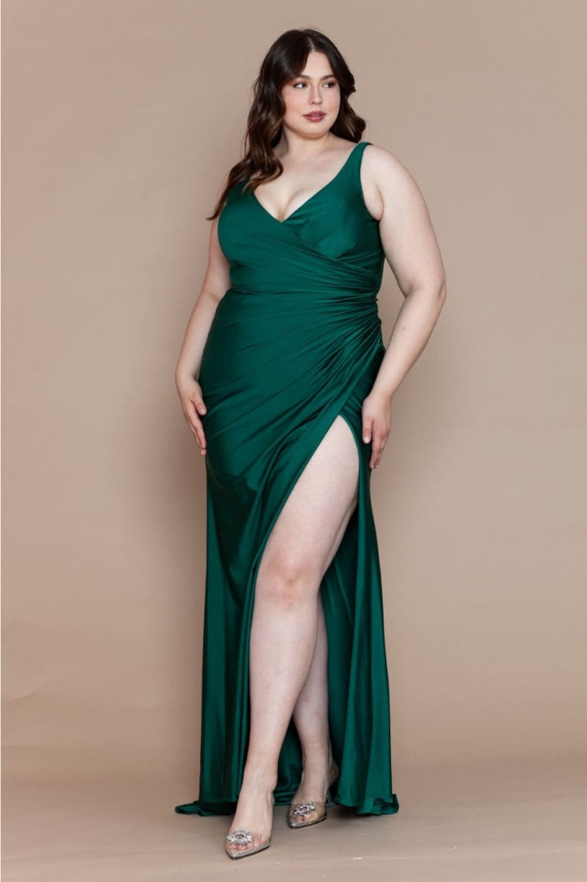 Poly USA W1114 Sleeveless Wide Strap Ruched V - Open Back Evening Dress