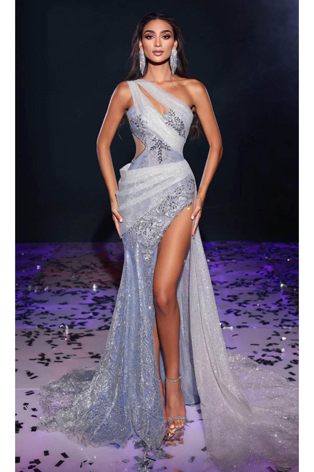 Portia and Scarlett PS23924 -long- Draped One Shoulder Evening Gown for Effortless Elegance - Blue-Silver / 00 - Dress