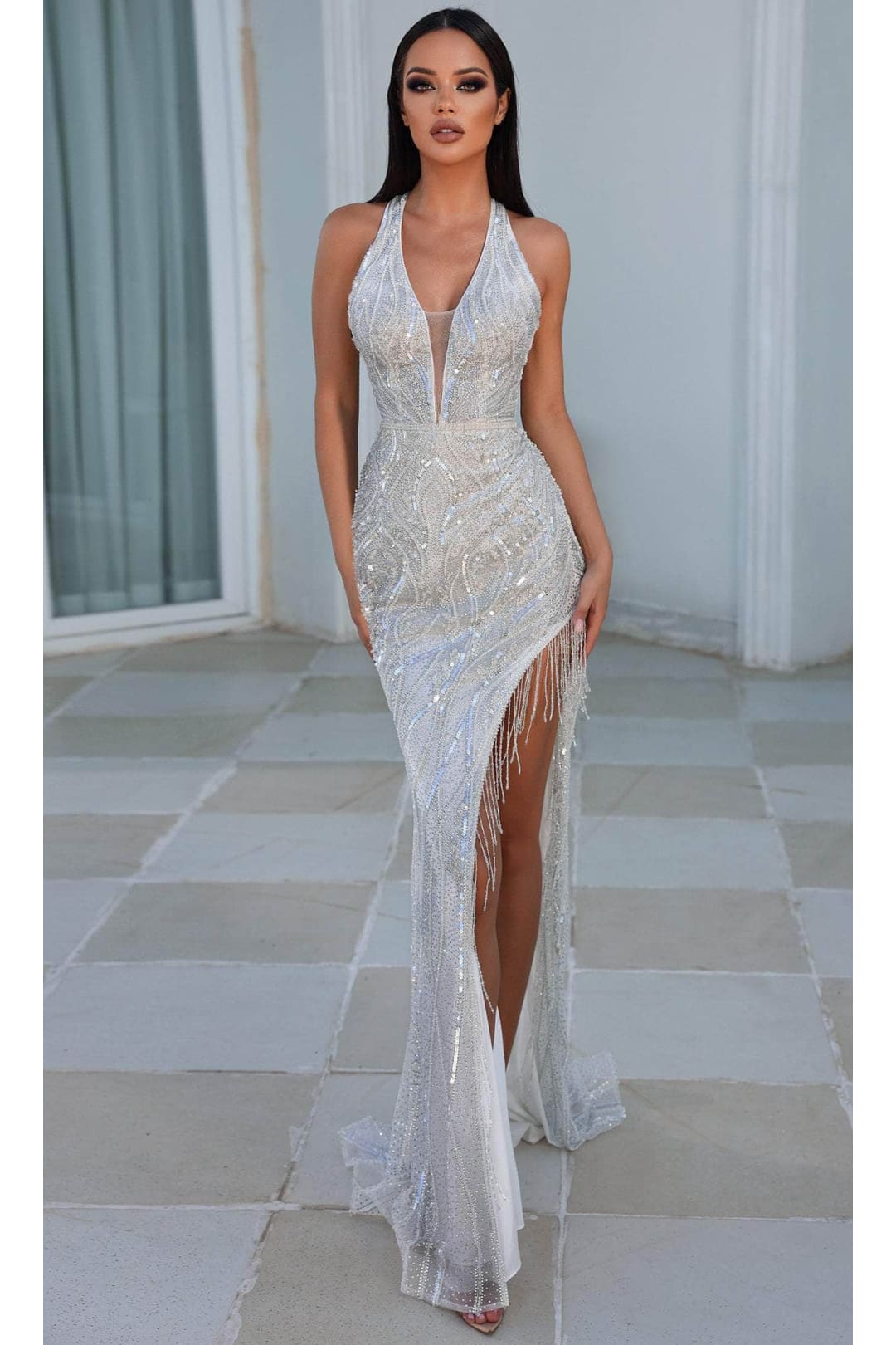 Portia and Scarlett PS23964 - Long -Dress with Sheer V-Neck - Ivory / 00 - Dress
