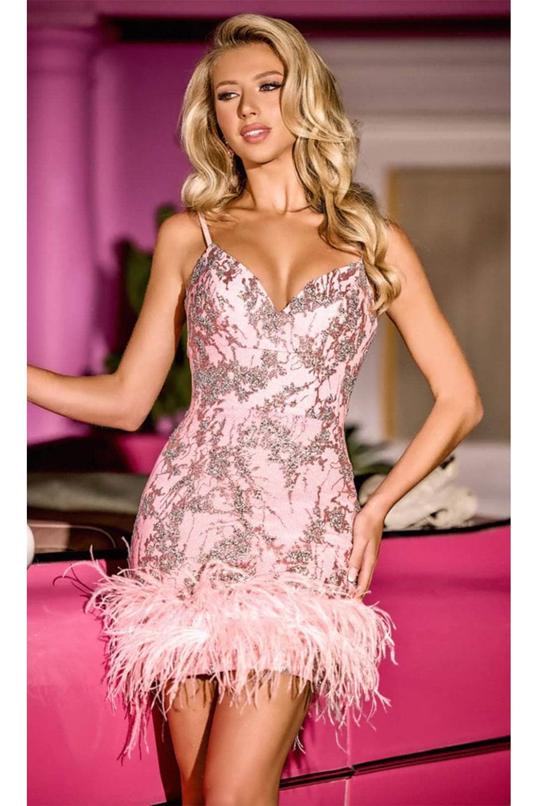 Portia and Scarlett PS24033 -short- V-Neck Cocktail Dress with Feathered Hem - Pink / 4 - Dress