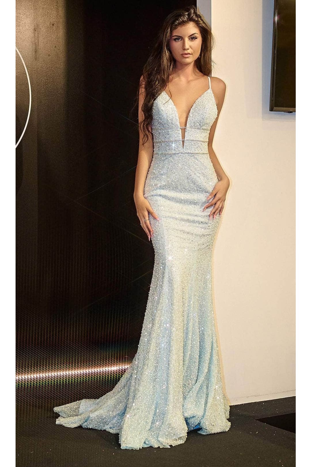 Portia and Scarlett PS24041 -long- Sequin Plunge Prom Dress - Celeste-Blue / 6 - Dress