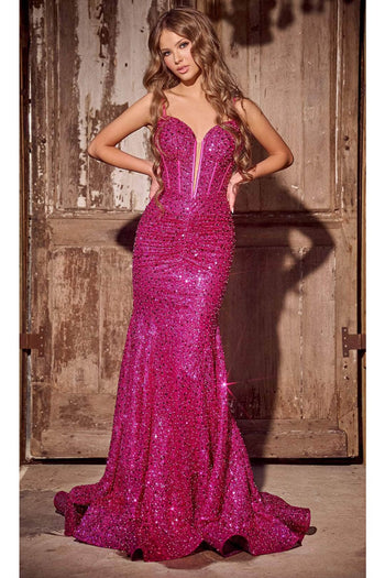 Portia and Scarlett PS24055 -long- Sequin Plunge Prom Dress - Celeste-Blue / 18 - Dress