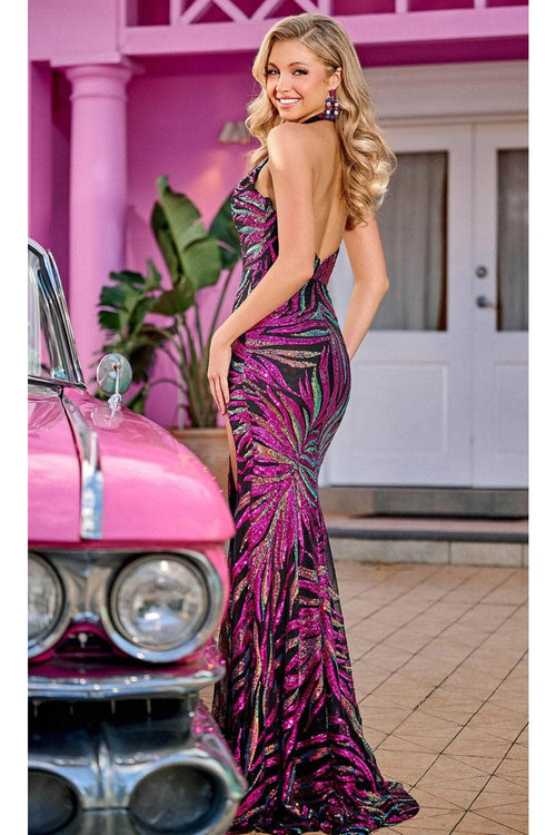 Portia and Scarlett PS24172 - Long- Prom Dress with Leaf Motif - Black-Hot-Pink / 2 - Dress