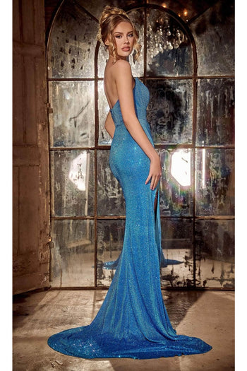 Portia and Scarlett PS24181 - long-Rhinestone Ornate Prom Dress with Slit - Blue / 16 - Dress
