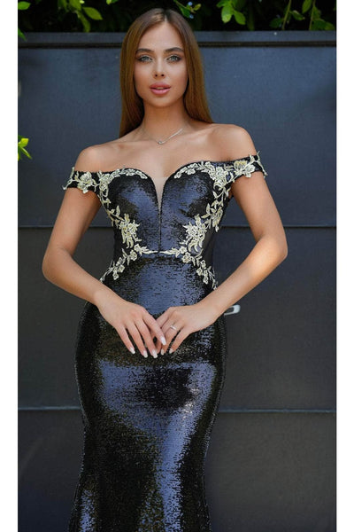 Portia and Scarlett PS24521 -long- Plunging Sweetheart Prom Gown with Sequins - Black / 4 - Dress