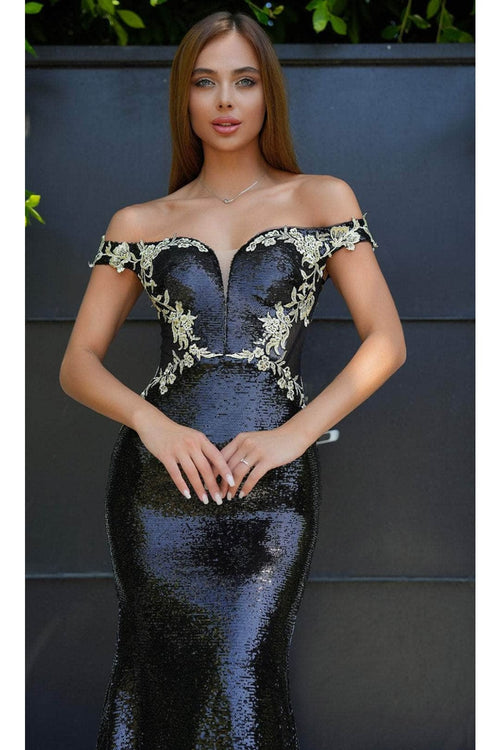 Portia and Scarlett PS24521 -long- Plunging Sweetheart Prom Gown with Sequins - Black / 4 - Dress