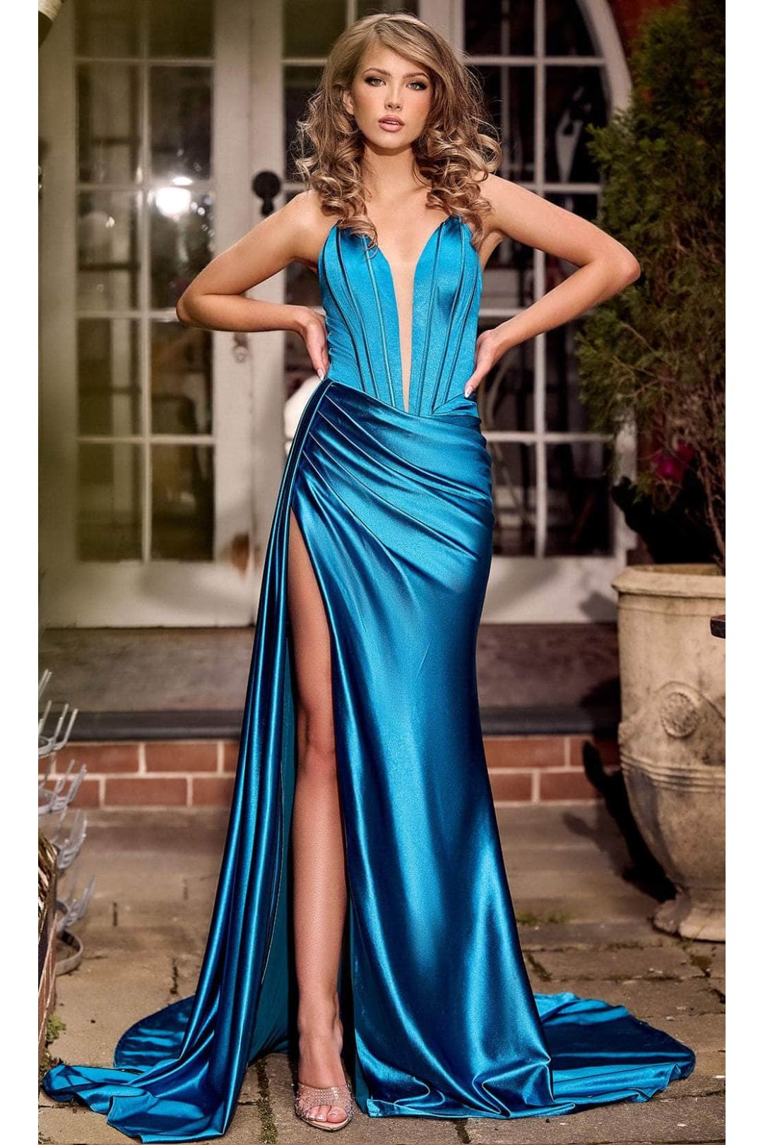 Portia and Scarlett PS24682 - long- Satin Prom Dress with High Slit - Blue / 00 - Dress
