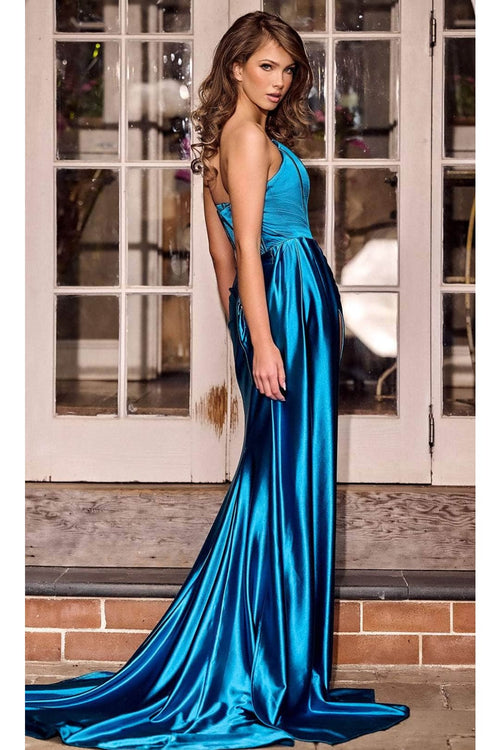 Portia and Scarlett PS24682 - long- Satin Prom Dress with High Slit - Blue / 8 - Dress