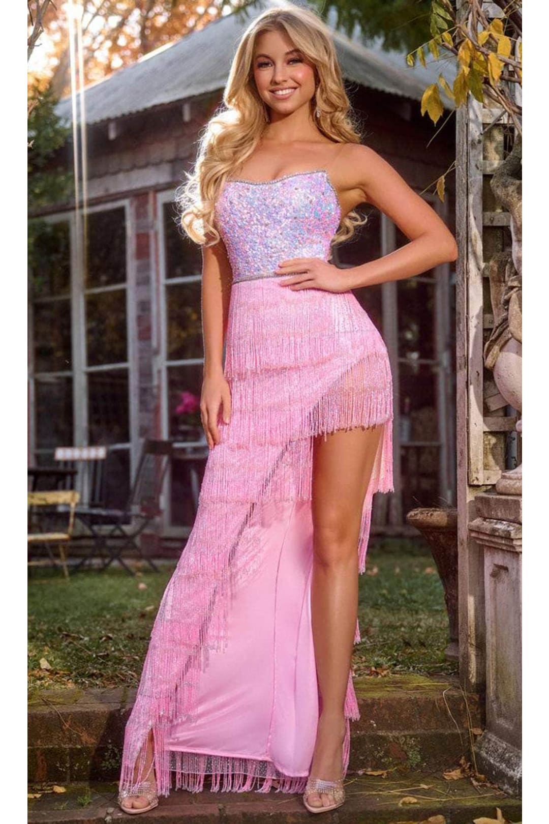 Portia and Scarlett PS24813 -long- Strapless Beaded Fringes Prom Gown - Pink / 00 - Dress