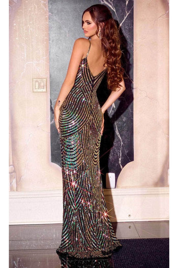 Portia and Scarlett PS24816X -long- Prom Dress with Chevron Motif - Black-Gold / 2 - Dress