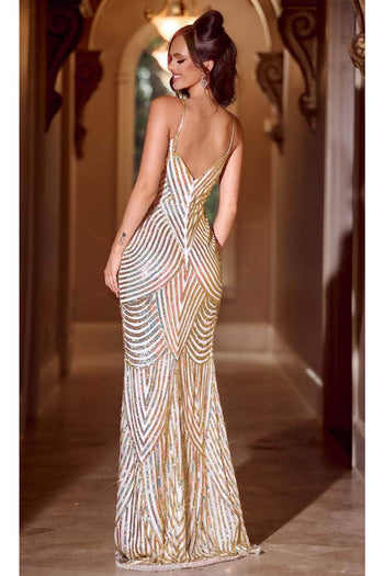 Portia and Scarlett PS24816X -long- Prom Dress with Geometric Sequin Pattern - Ivory-Gold / 2 - Dress