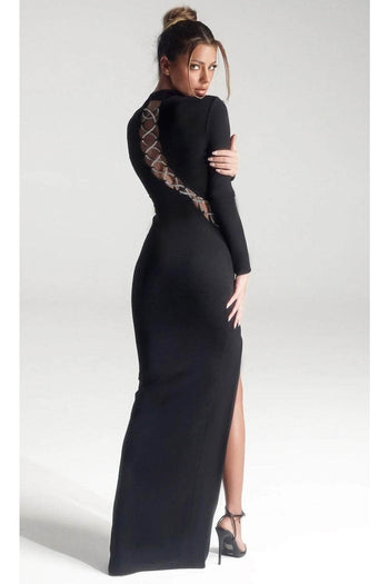 Portia and Scarlett PS326B -long- High Neck Sheath Dress for Evening Wear - Black / 2 - Dress