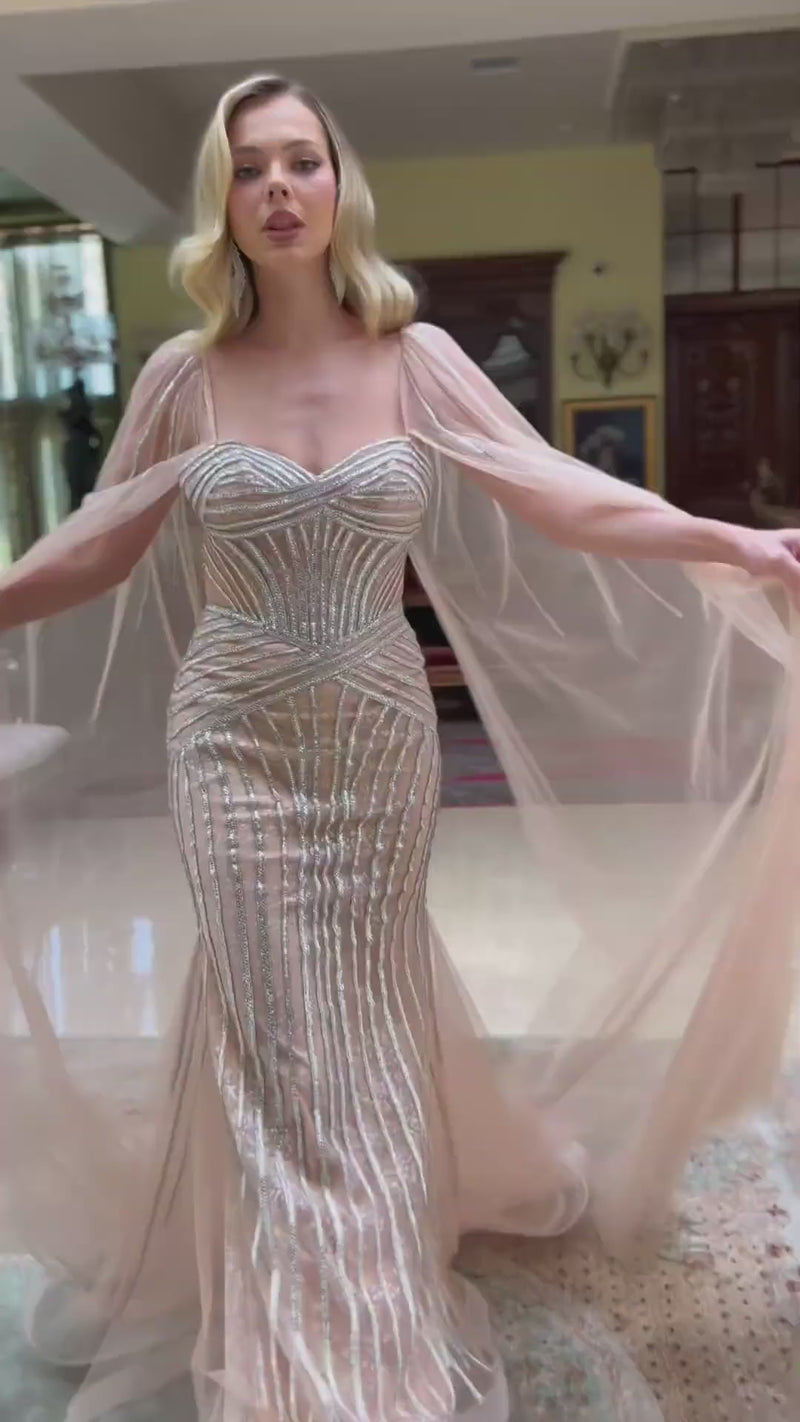 Champagne Formal Dress Beaded Cape Sleeve Long Evening Gown by GL3585 XS / Champagne