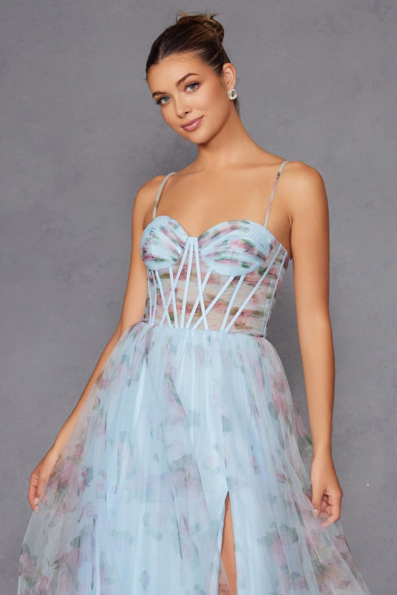 Print Sleeveless A-line Slit Gown by Juliet JT2562S Light Blue / 14