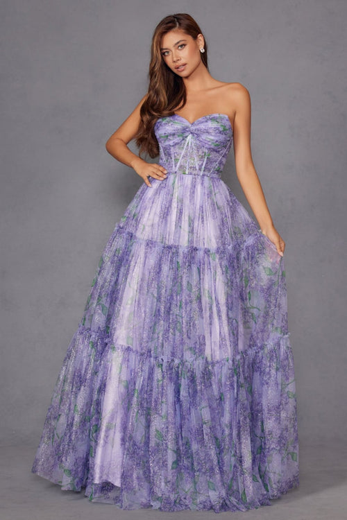 Print Strapless A-line Gown by Juliet JT2507A - Long Formal Dresses