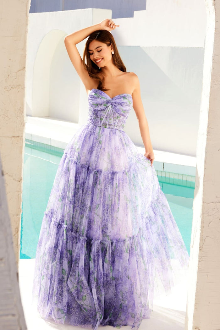 Print Strapless A-line Gown by Juliet JT2507A - Lilac / 2 - Long Formal Dresses