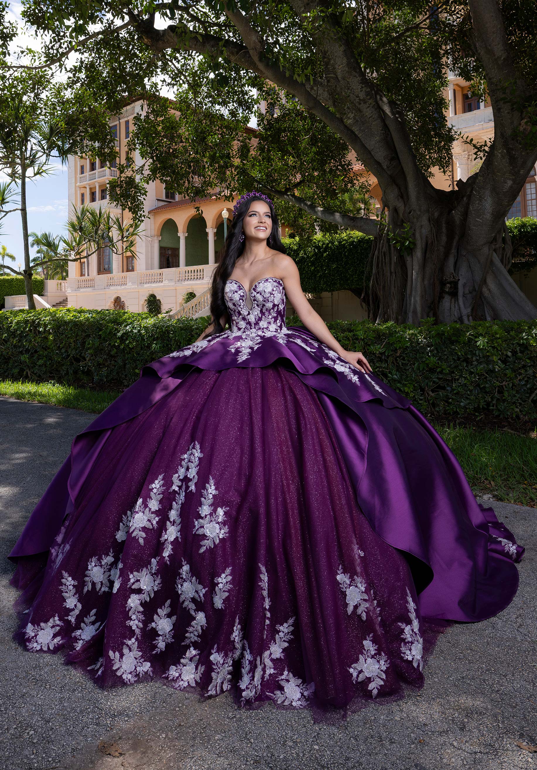 Vizcaya by Mori Lee 4080016 - Floral Strapless Gown with Capelet In Purple and White