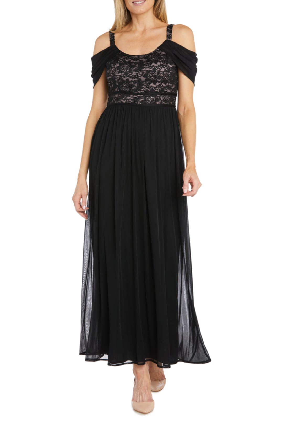 R&M Richards 6116 Black Nude Off-the-Shoulder Lace Evening Dress