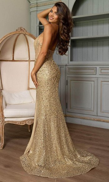Rachel Allan 70872 Deep V-Neck Beaded Sheath Gown