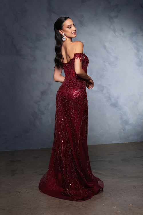 Red Carpet Dress Off-Shoulder Sequin High Split By May Queen MQ2132 - Dress