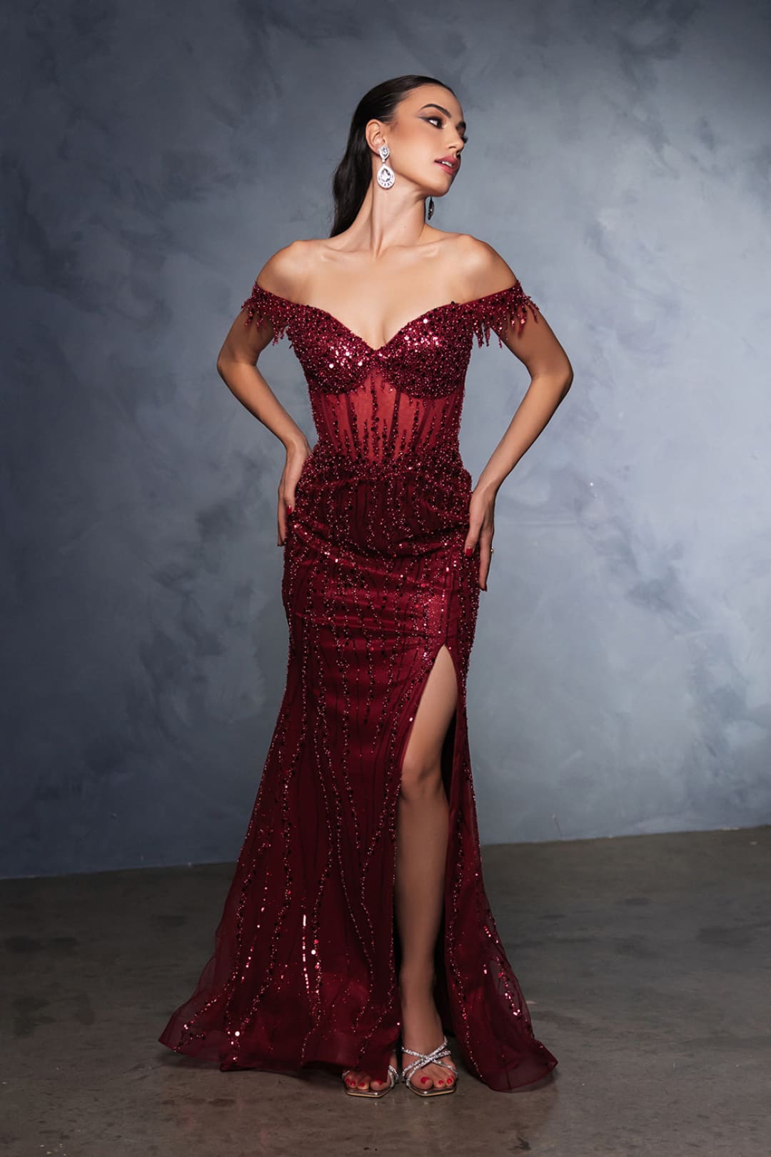 Red Carpet Dress Off-Shoulder Sequin High Split By May Queen MQ2132 - BURGUNDY / 4 - Dress
