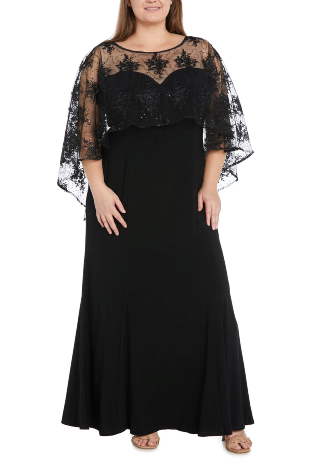 RM Richards 1560W BLACK TAUPE Plus Size Capelet Sleeve Evening Dress - Black / 14W