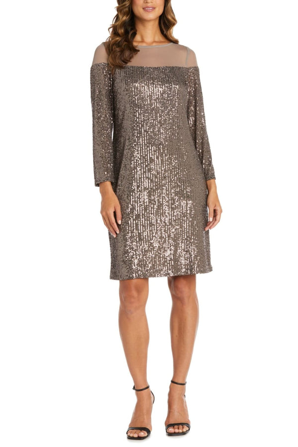 RM Richards 2428 MOCHA Sequin Illusion Neck Sheath Evening Dress - Mocha / 6