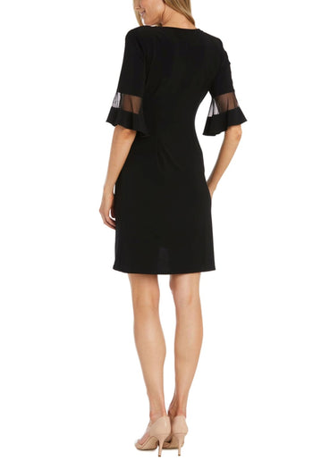 RM Richards 9871 BLACK Bell Sleeve Ruched-Waist Ring Dress