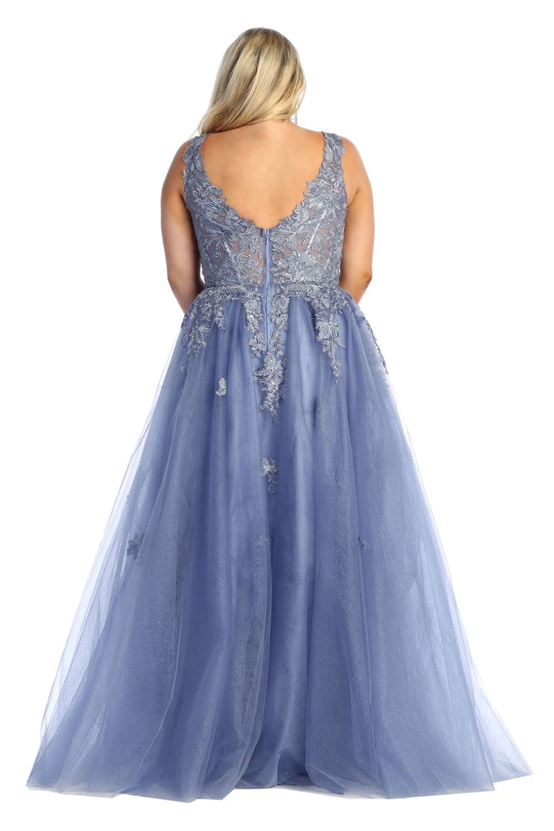 V-Neck Floor-Length Tulle Prom A-Line May Queen RQ7949 - Dusty Blue / 12 V-Neck Floor-Length Tulle Prom A-Line May Queen RQ7949 - Dusty Blue / 12