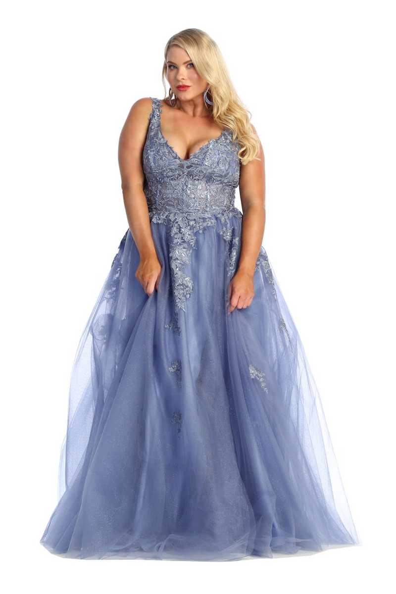 V-Neck Floor-Length Tulle Prom A-Line May Queen RQ7949 - Dusty Blue / 12