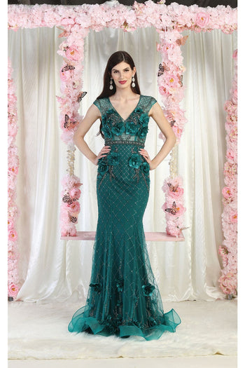Royal Queen RQ7951 3D Floral Applique Evening Dress - HUNTER GREEN / 4 - Dress