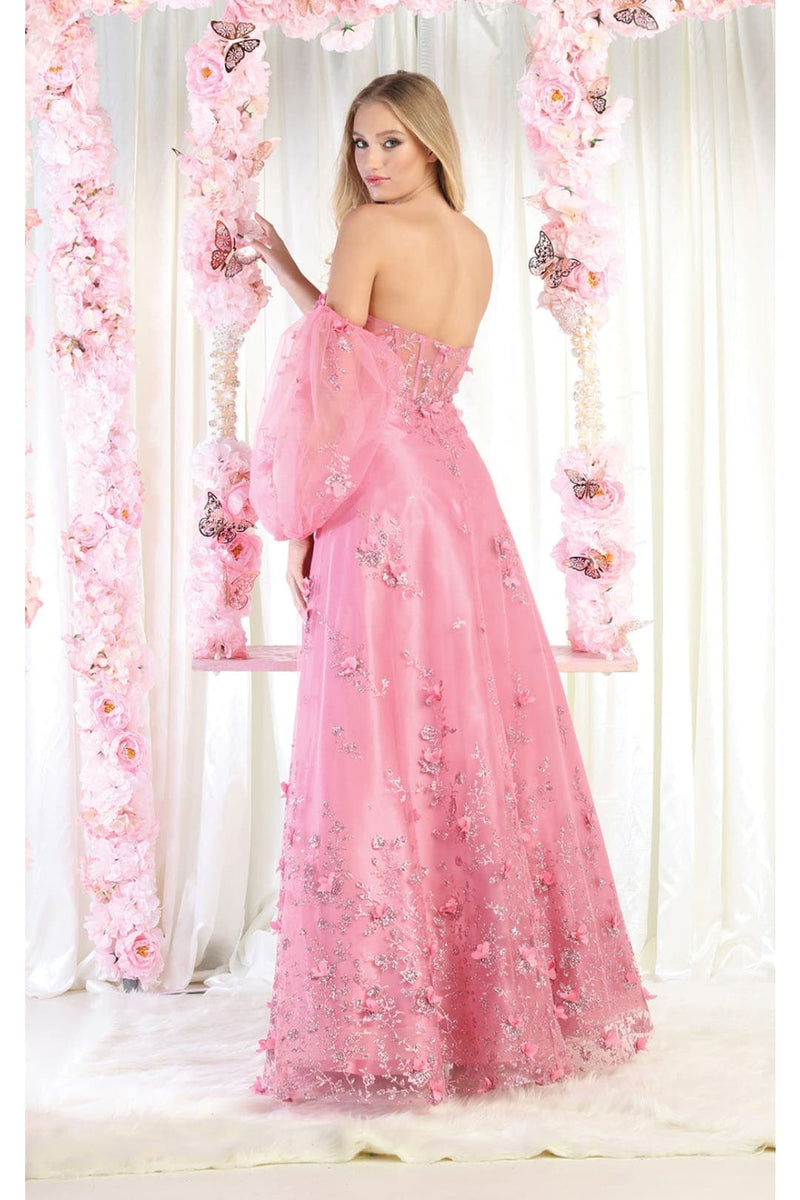 Royal Queen RQ8015 3D Floral Rose Color Removable Sleeves Prom Dress