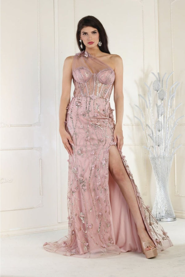 Royal Queen RQ8027 Illusion One Shoulder Embellished Evening Gown - Dress