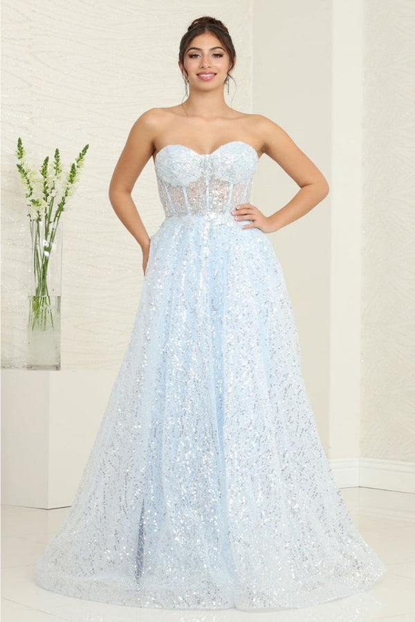 Royal Queen RQ8077 Embellished Corset Prom Sheer Sequin Gown - BABY BLUE / 4 - Dress
