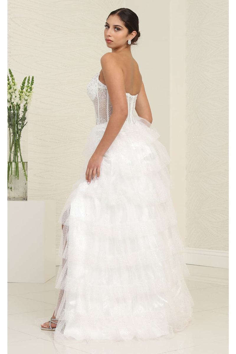 Royal Queen RQ8142 White V Neck Embellished Slit Wedding Gown