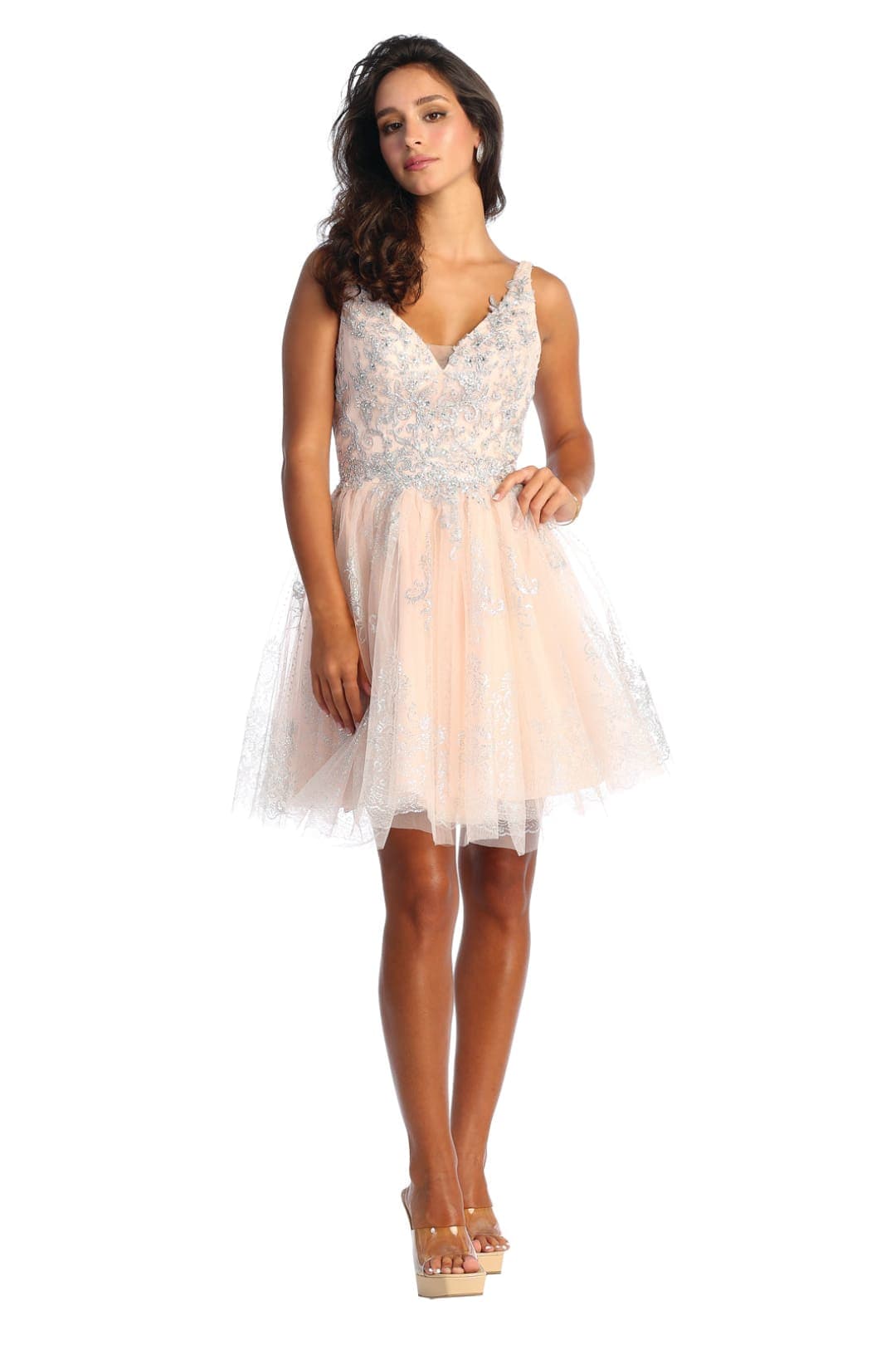 Semi Formal Sleeveless Metallic Dress - BLUSH/SILVER / 2