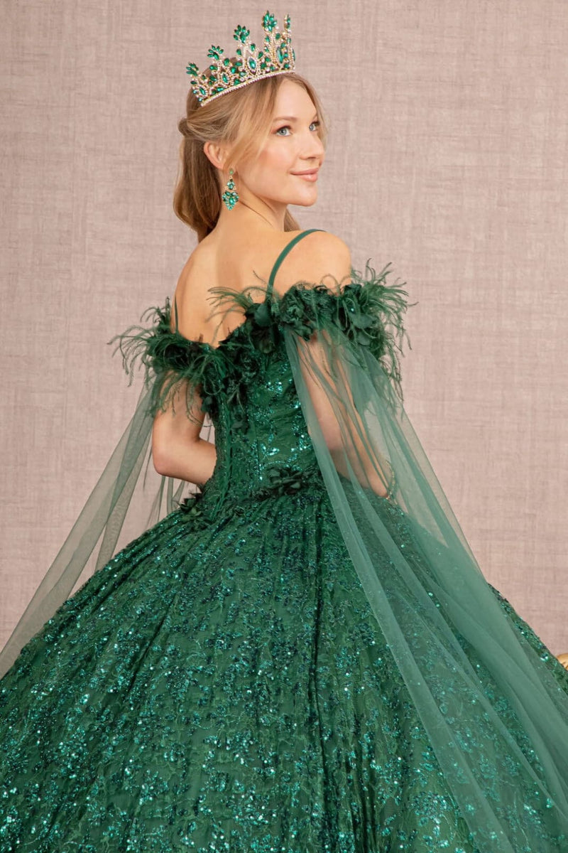 Sequin Cape Sleeve Feather Ball Gown by Elizabeth KGL3169 - XS / Green Sequin Cape Sleeve Feather Ball Gown by Elizabeth KGL3169 - XS / Green