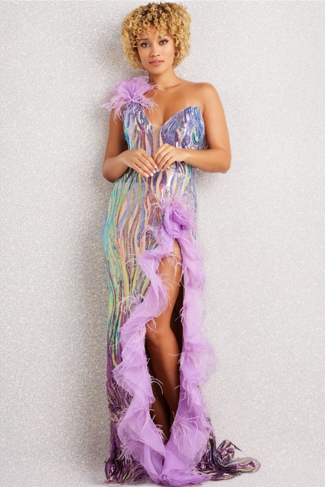 Sequin Feather One Shoulder Slit Gown by Jovani 38678 - Long Formal Dresses