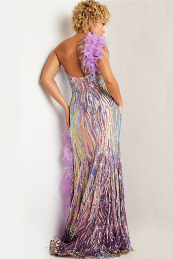 Sequin Feather One Shoulder Slit Gown by Jovani 38678 - Long Formal Dresses