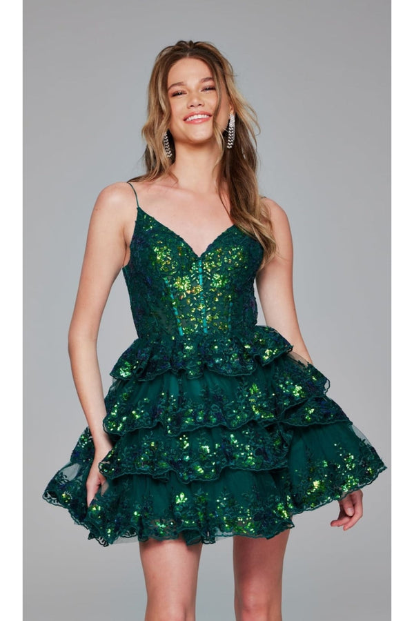 Short Emerald Green Ruffle Hoco Dress: Jovani 4382 - Emerald / 00 - Apparel & Accessories > Clothing > Dresses